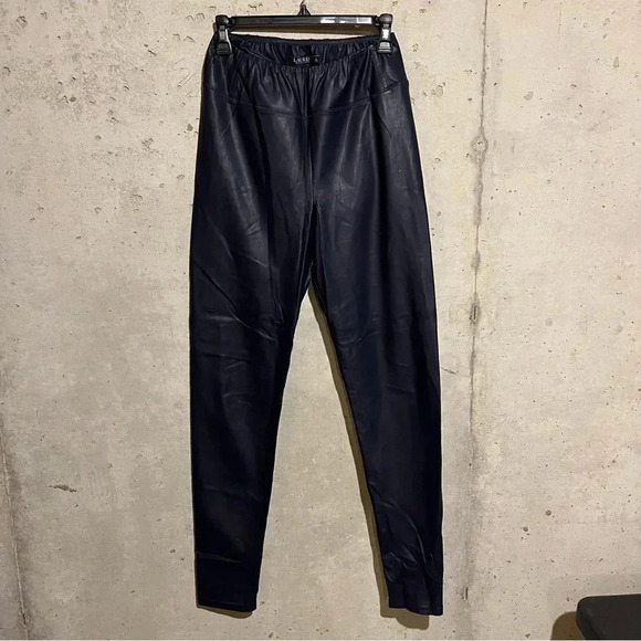 Lauren Ralph Lauren Faux Leather Leggings sz 8 Navy Blue Pull On Elastic Waist - Picture 1 of 11
